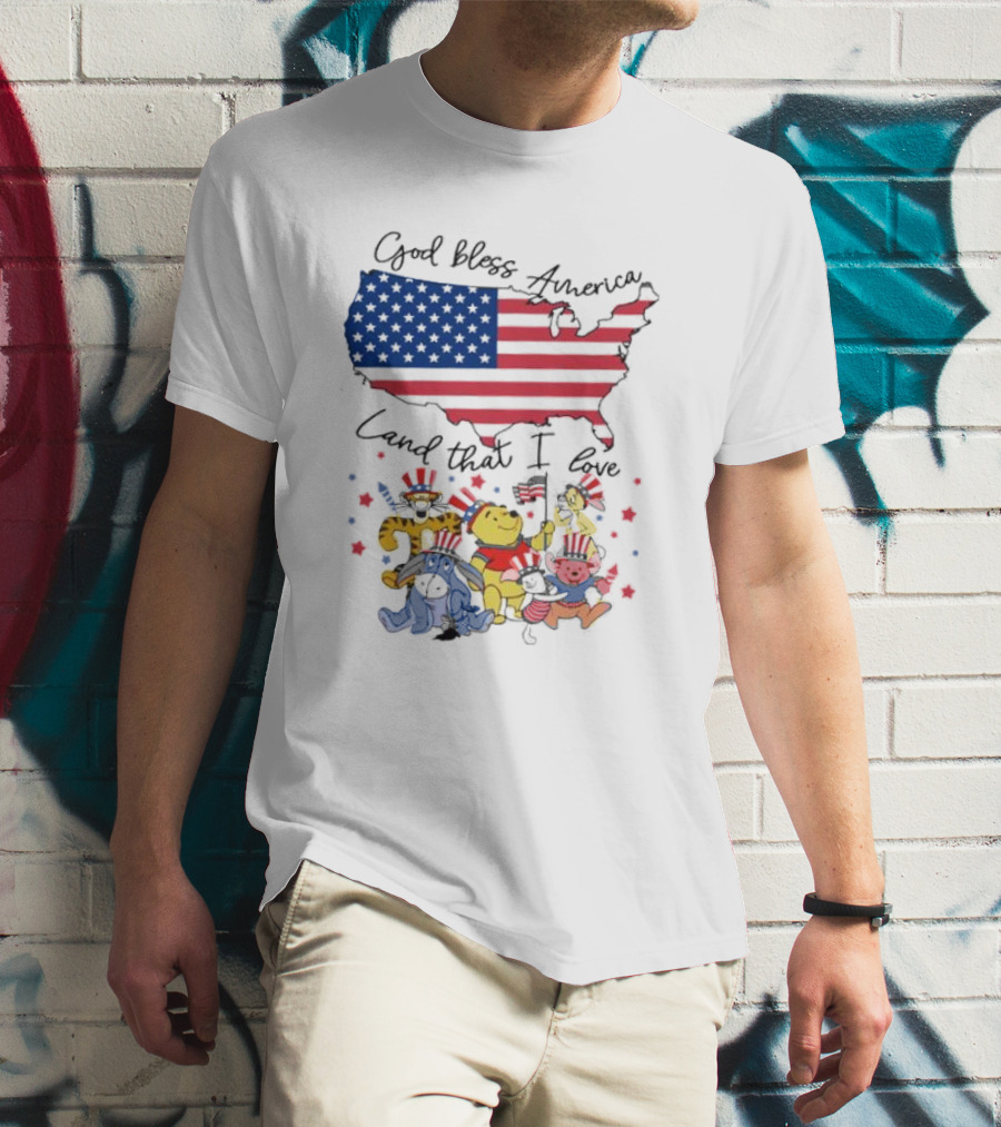 God Bless America Land That I Love Winnie The Pooh USA Flag T-Shirt