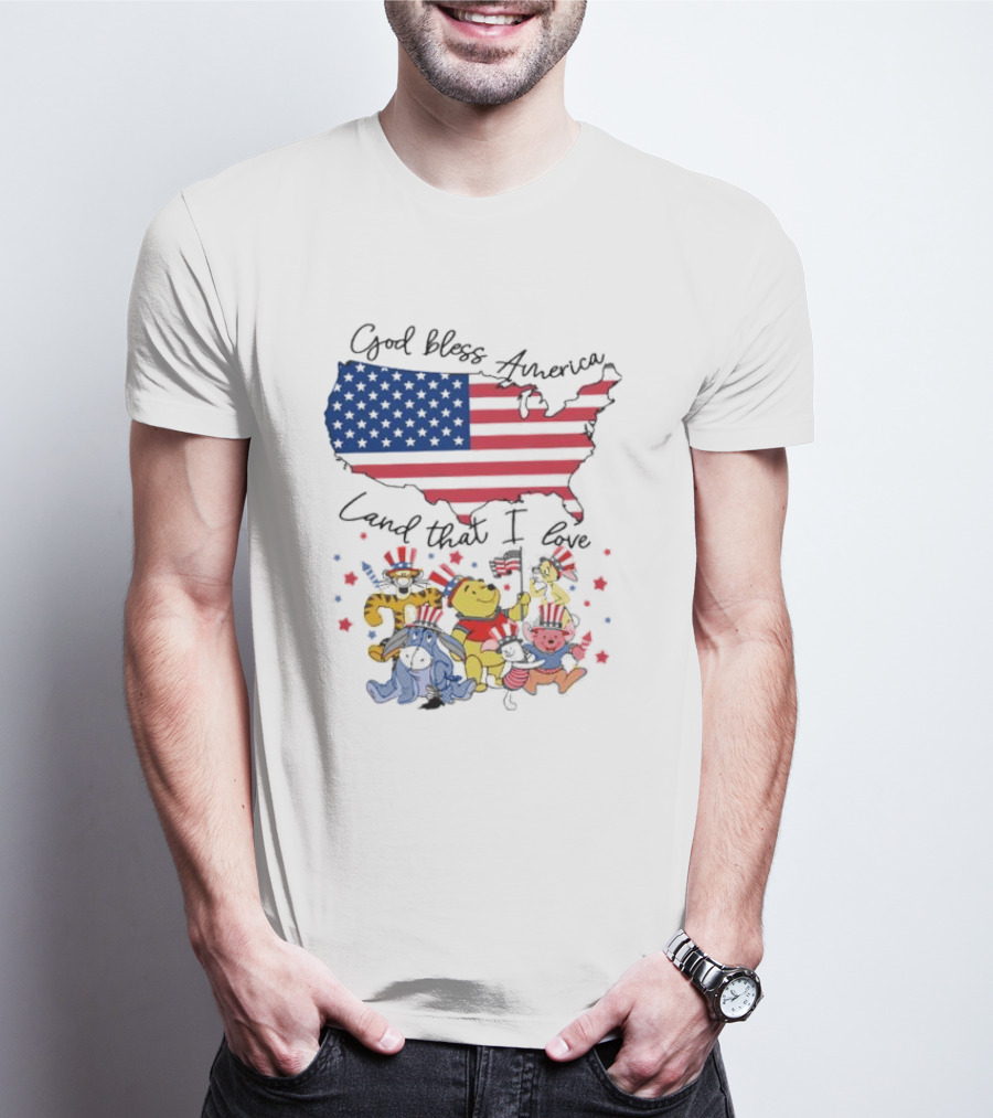 God Bless America Land That I Love Winnie The Pooh USA Flag T-Shirt