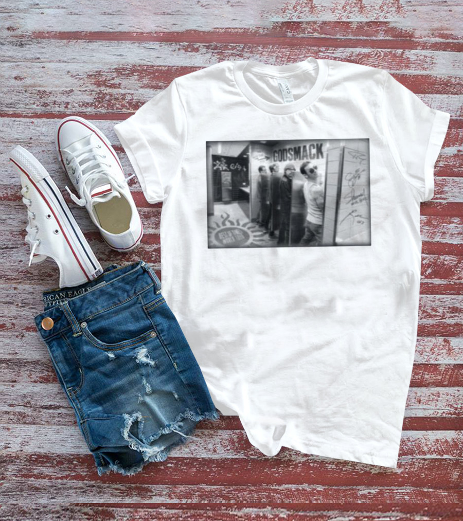 Godsmack Band Autographed Bathroom Photo With Guitar And Sun Symbol T-Shirt