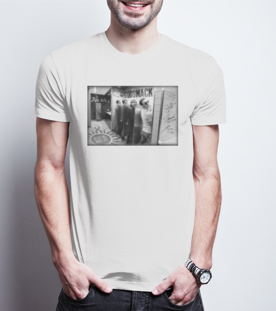 Godsmack Band Autographed Bathroom Photo With Guitar And Sun Symbol T-Shirt