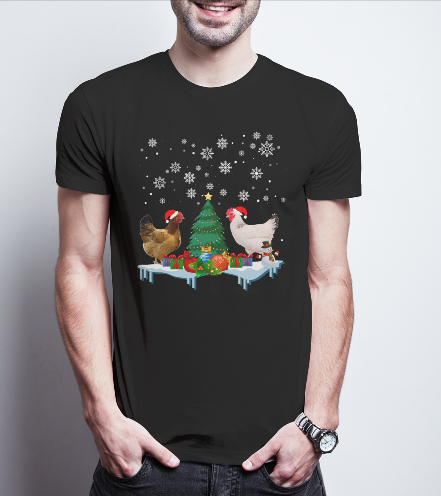 Chicken Merry Christmas Snowflake Festive Scene T-Shirt