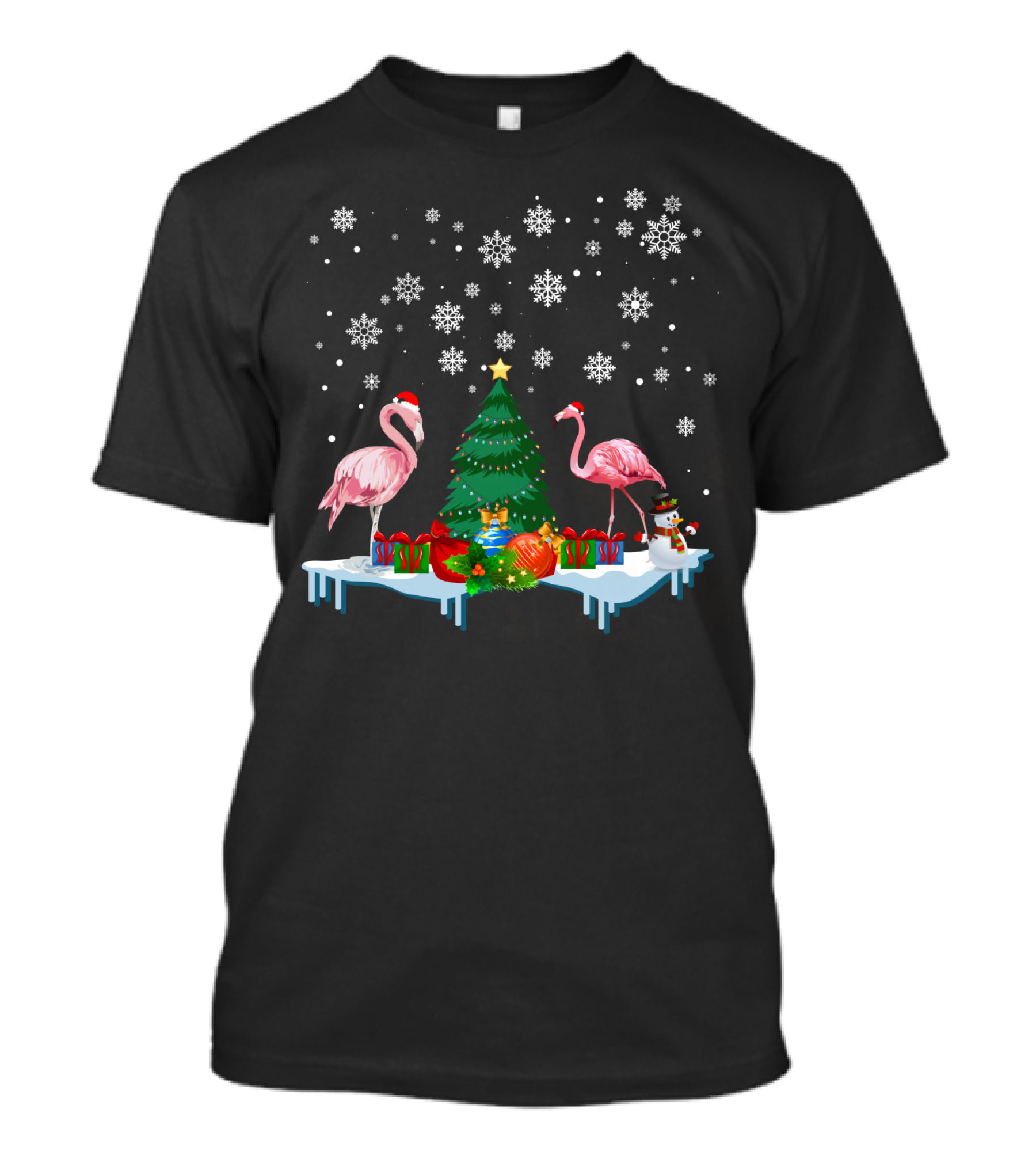 Flamingo Merry Snowflakes Christmas Tree And Santa Hat T-Shirt