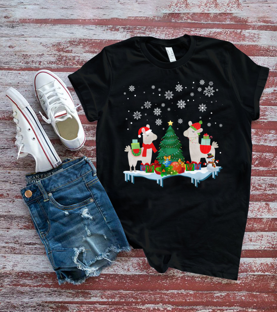 Llamas Merry Christmas Snowflakes Presents Tree T-Shirt