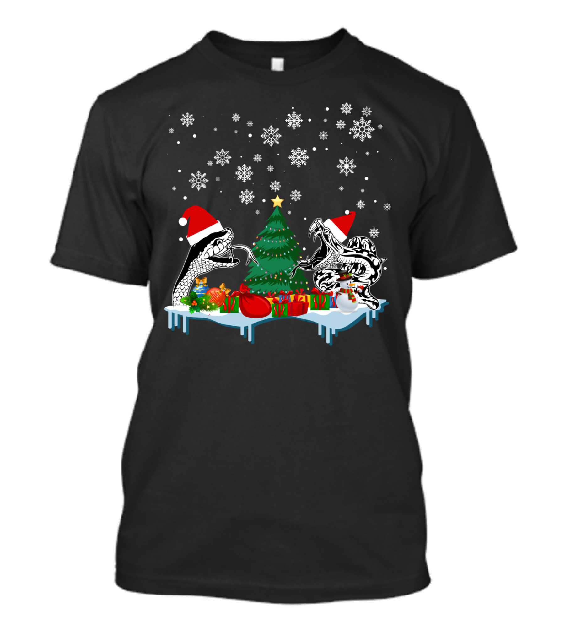 Snake Merry Christmas Snowflakes Santa Hats Holiday Scene T-Shirt