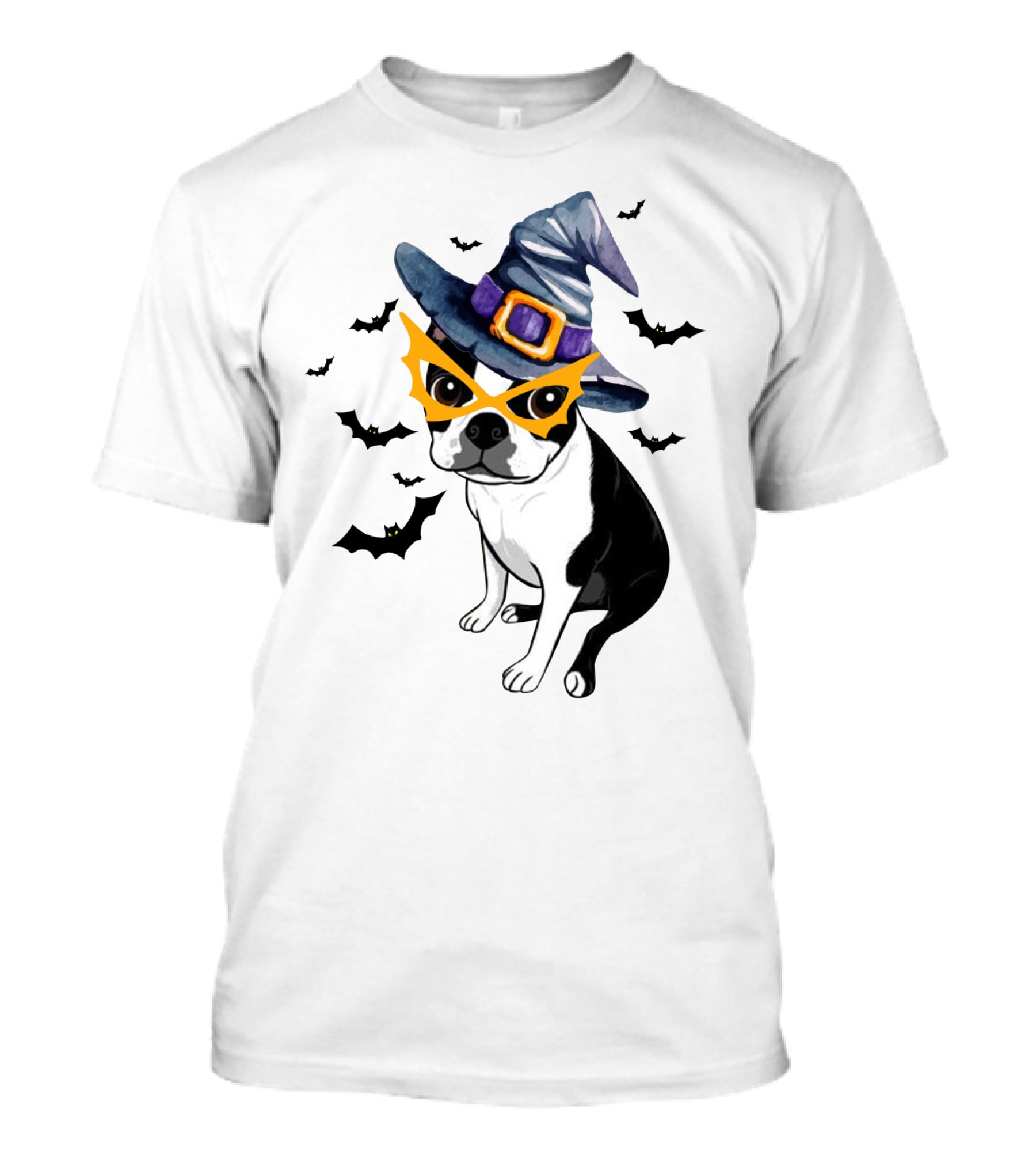 Boston Terrier Wears Witch Hat And Mask With Bats T-Shirt