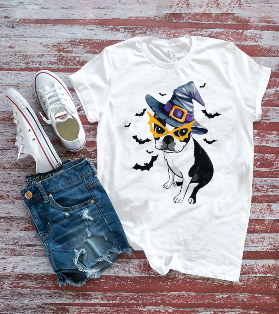 Boston Terrier Wears Witch Hat And Mask With Bats T-Shirt