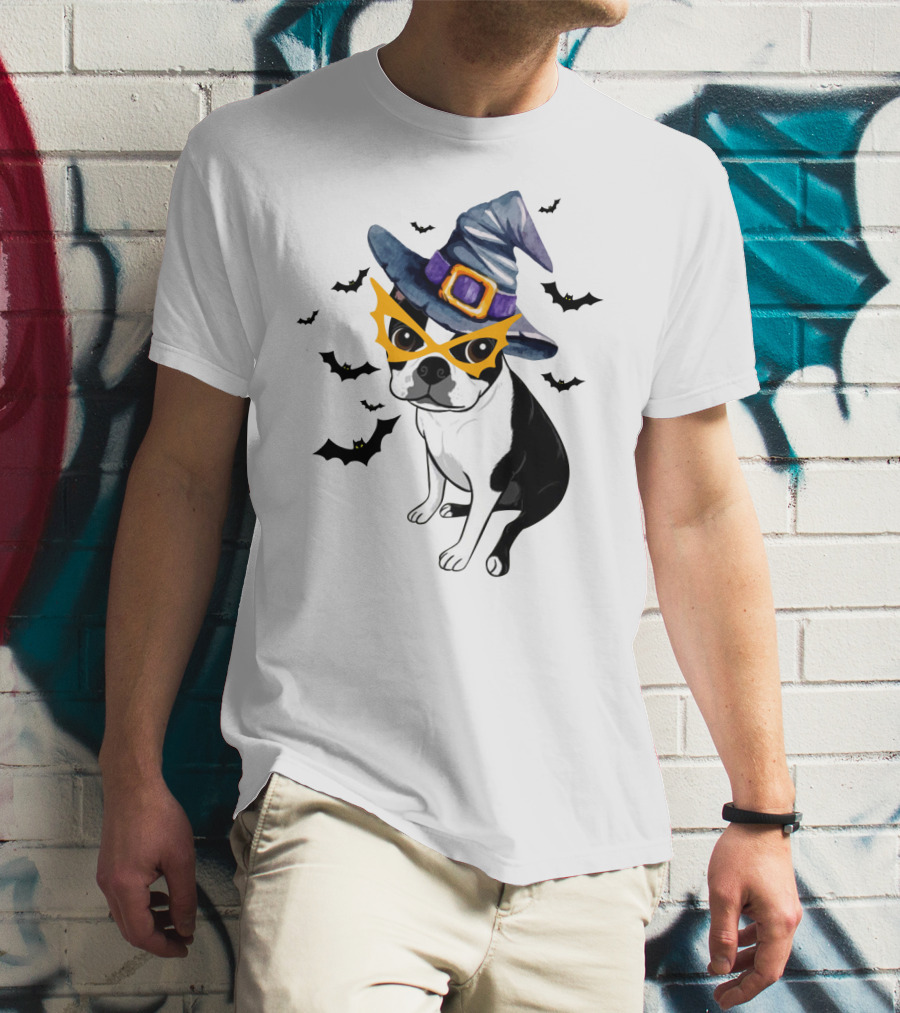 Boston Terrier Wears Witch Hat And Mask With Bats T-Shirt