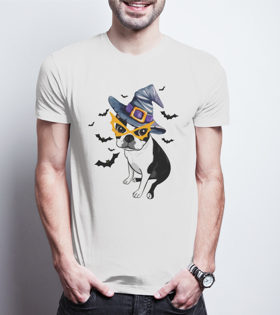 Boston Terrier Wears Witch Hat And Mask With Bats T-Shirt