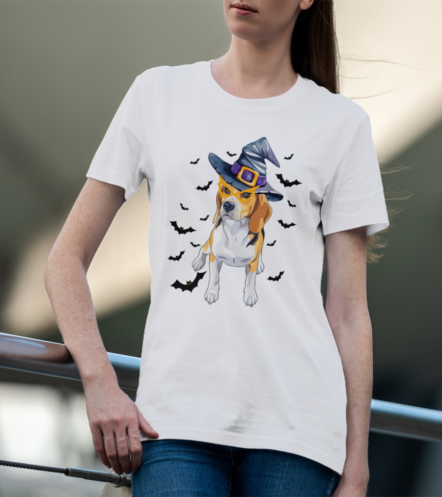 Beagle Wears Halloween Witch Hat Surrounded By Flying Bats T-Shirt