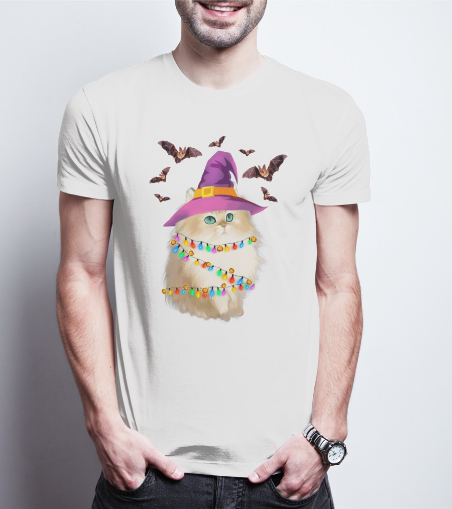 Fluffy Cat In Witch Hat With Halloween Bats And Colorful Christmas Lights T-Shirt
