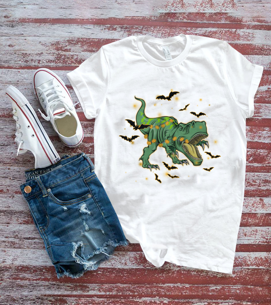 Halloween Saurus Dinosaur With Pumpkin Lights And Flying Bats T-Shirt
