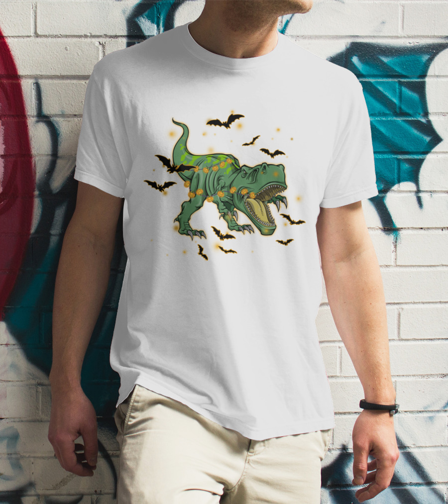 Halloween Saurus Dinosaur With Pumpkin Lights And Flying Bats T-Shirt