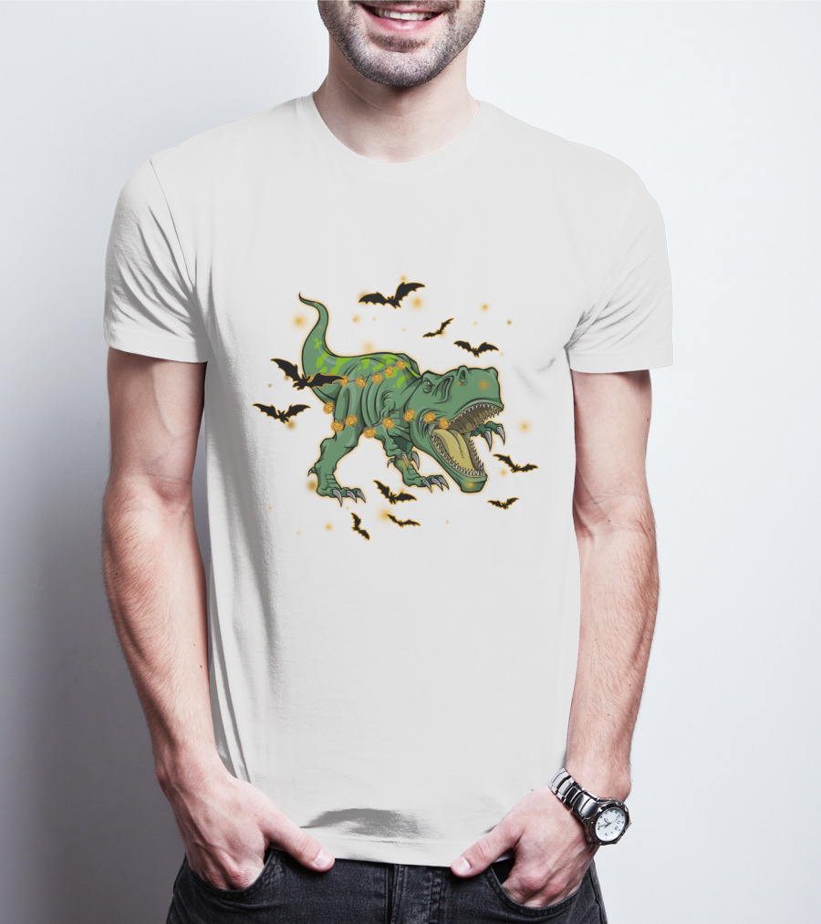 Halloween Saurus Dinosaur With Pumpkin Lights And Flying Bats T-Shirt