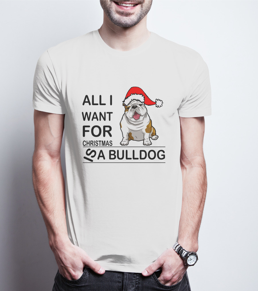 All I Want For Christmas Is A Bulldog With Santa Hat Iconic Festive Dog Lover's Phrase T-Shirt