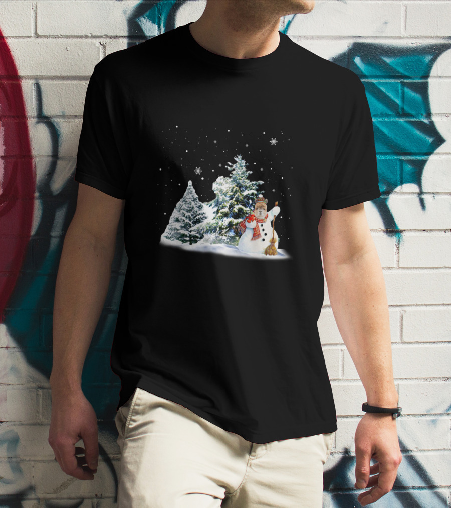 Alpaca Snowman In Winter Forest With Falling Snowflakes T-Shirt