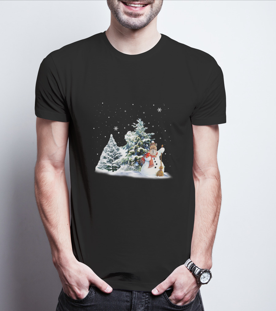 Alpaca Snowman In Winter Forest With Falling Snowflakes T-Shirt
