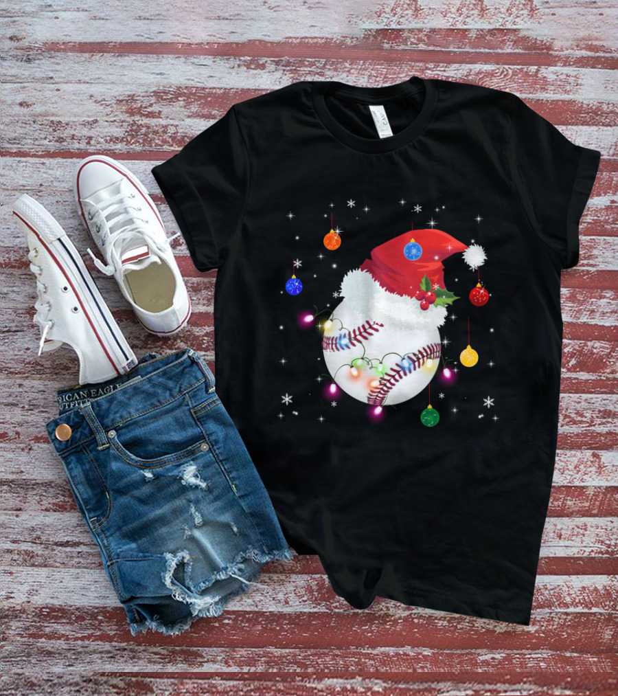 Santa Hat Baseball Christmas Ornaments Holiday Lights Snowflakes T-Shirt