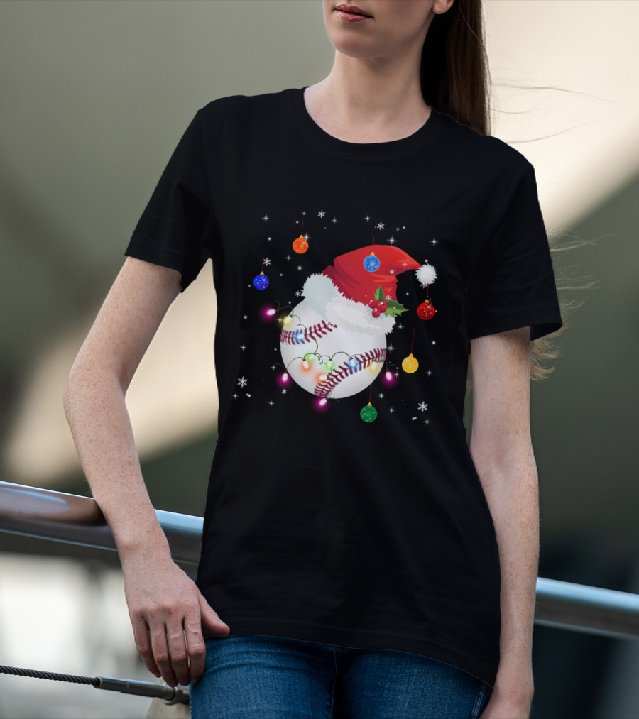 Santa Hat Baseball Christmas Ornaments Holiday Lights Snowflakes T-Shirt