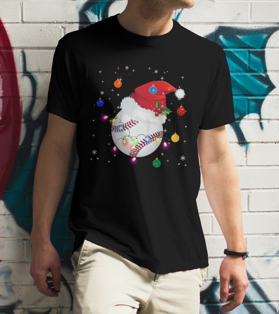 Santa Hat Baseball Christmas Ornaments Holiday Lights Snowflakes T-Shirt