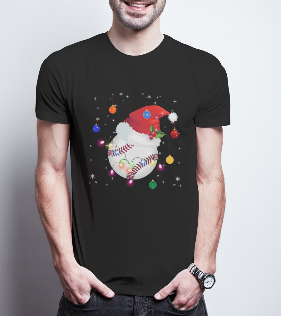 Santa Hat Baseball Christmas Ornaments Holiday Lights Snowflakes T-Shirt