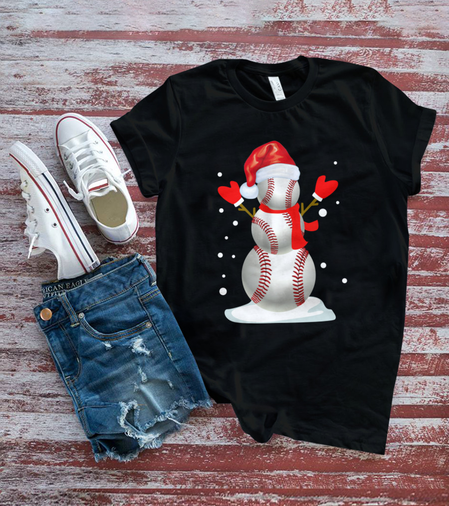 Baseball-Themed Snowman With Santa Hat And Mittens Winter Holiday T-Shirt