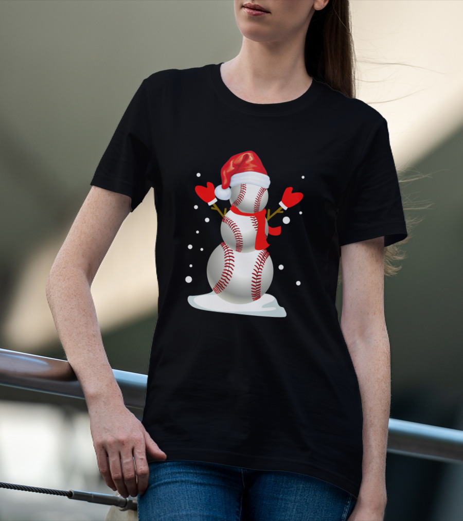 Baseball-Themed Snowman With Santa Hat And Mittens Winter Holiday T-Shirt
