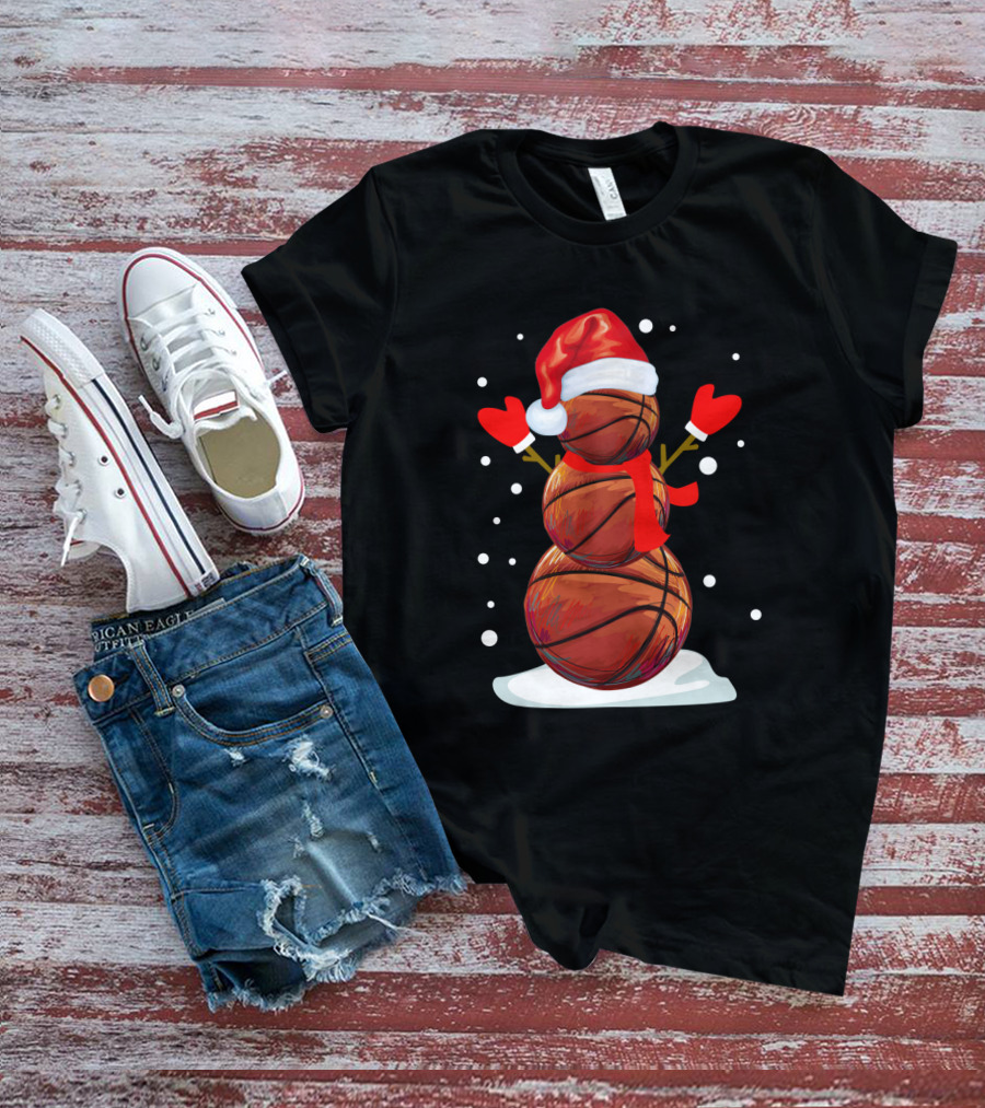 Basketball Snowman With Santa Hat And Red Mittens T-Shirt