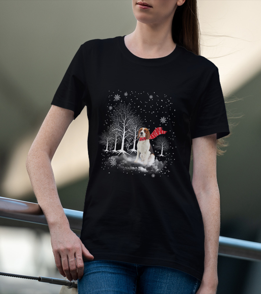 Basset Hound Winter Wonderland Snowy Trees Red Scarf T-Shirt