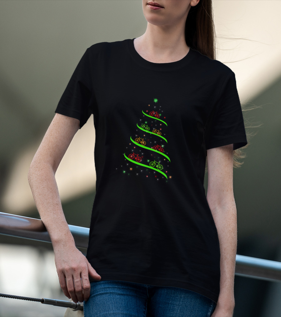 Bicycle Holiday Tree Lights With Red Green Yellow Bikes And Stars T-Shirt
