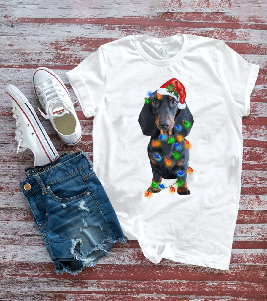Black Dachshund Wearing Santa Hat And Wrapped In Christmas Lights T-Shirt