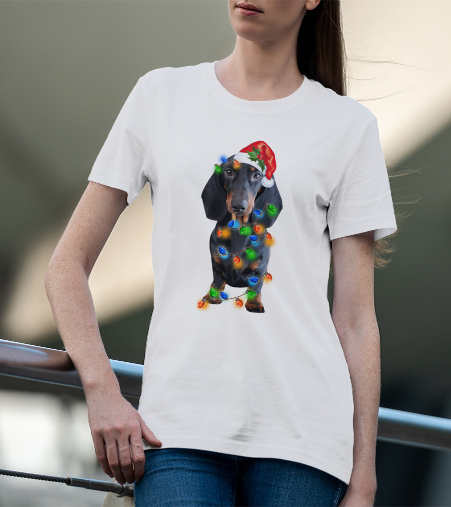 Black Dachshund Wearing Santa Hat And Wrapped In Christmas Lights T-Shirt