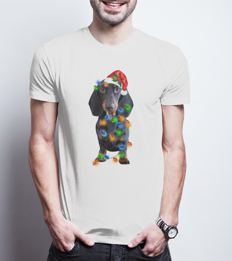 Black Dachshund Wearing Santa Hat And Wrapped In Christmas Lights T-Shirt