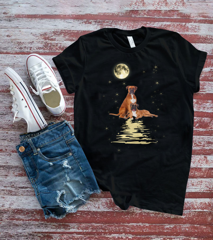 Boxer Dog Under Starry Sky Moonlit Reflection T-Shirt