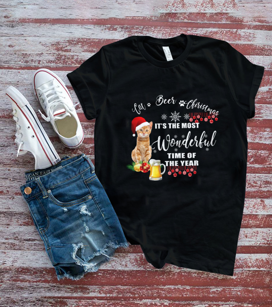 Cat Beer Christmas It's The Most Wonderful Time Of The Year Snowflakes Santa Hat T-Shirt