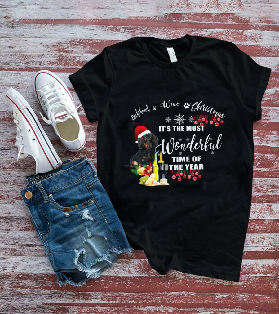 Dachshund Wine Christmas It's The Most Wonderful Time Of The Year T-Shirt