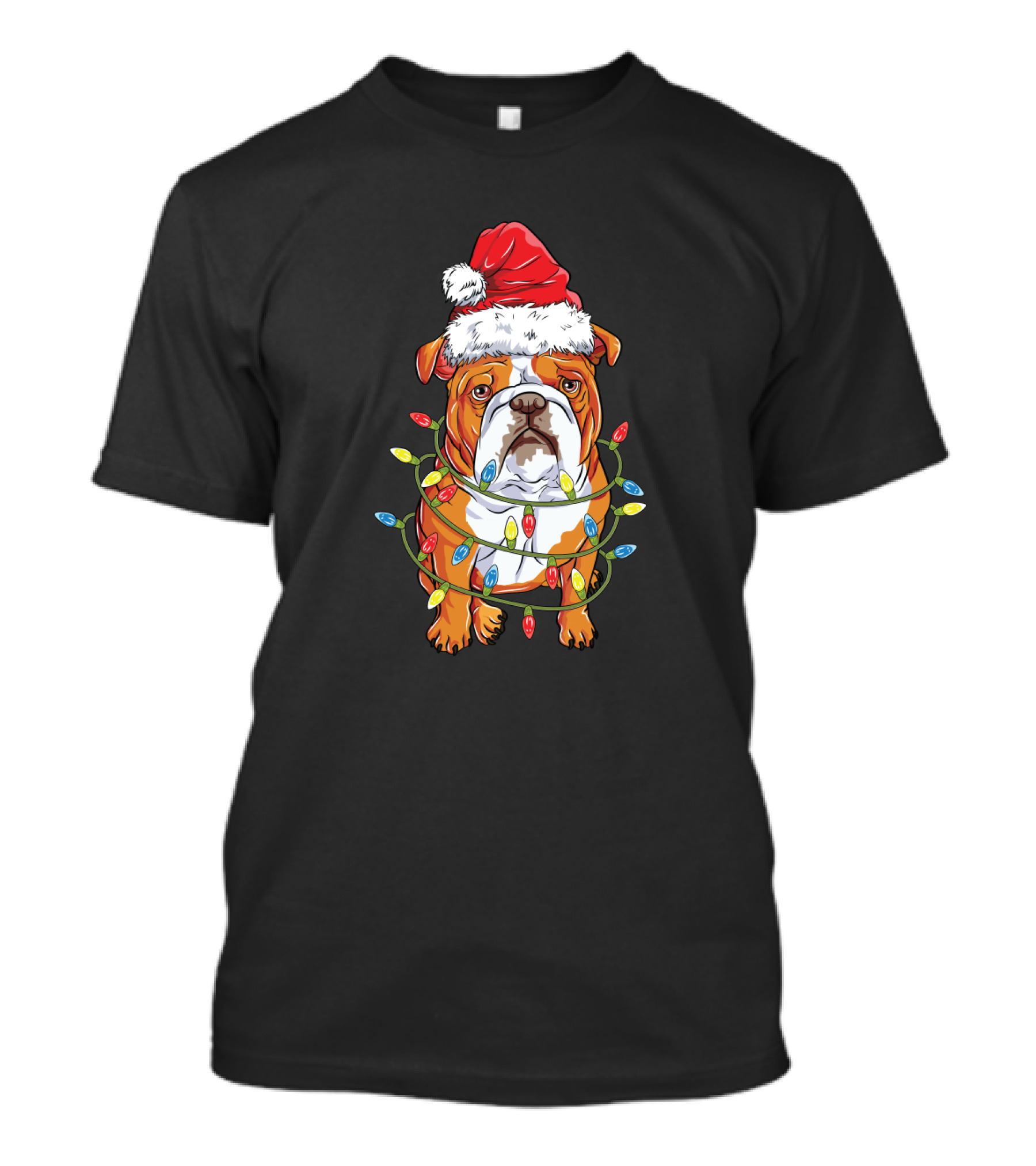 English Bulldog Christmas Santa Hat Festive Lights T-Shirt