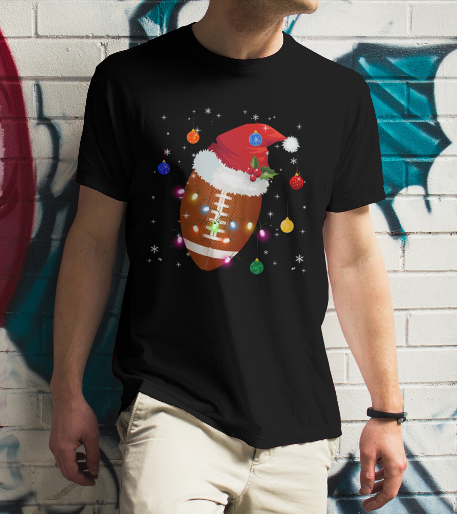 Christmas Football Santa Hat Ornaments Lights T-Shirt