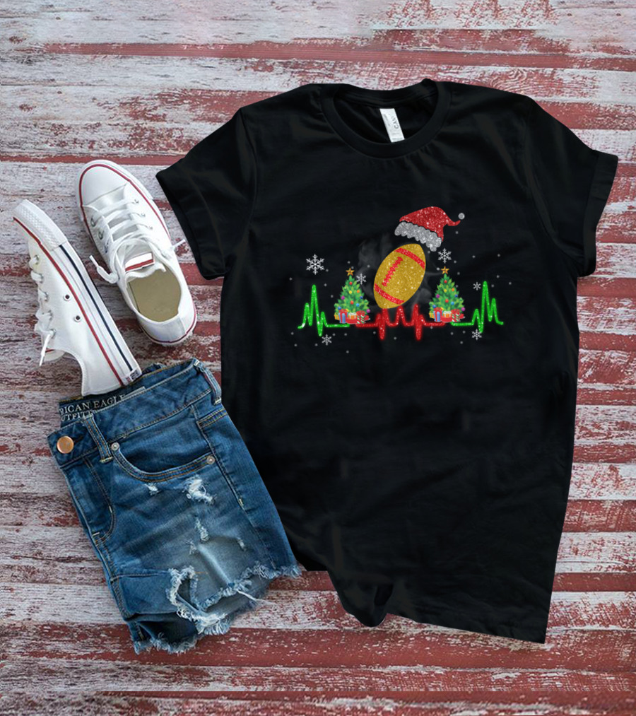 Christmas Football Heartbeat With Santa Hat And Trees T-Shirt