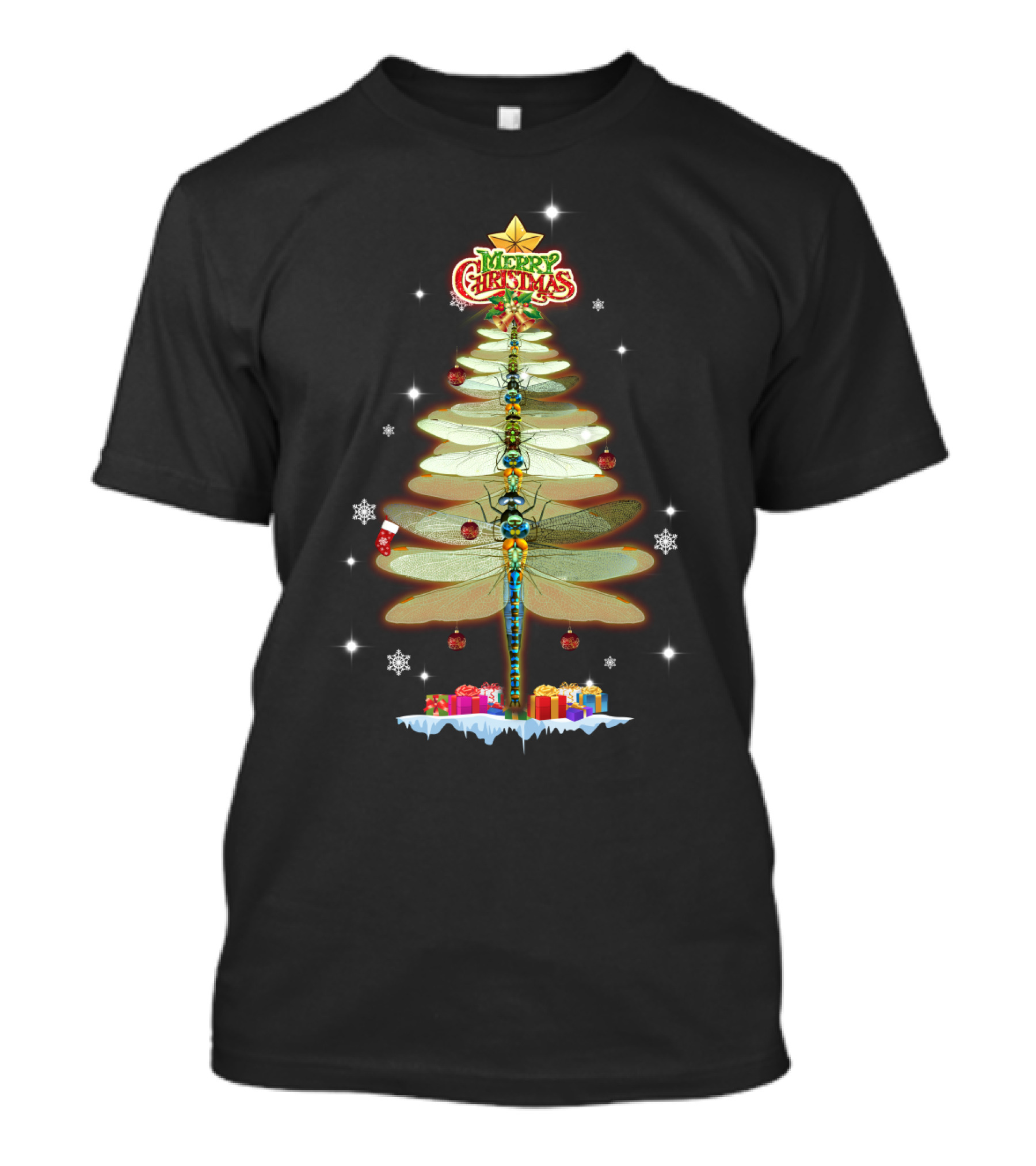 Merry Christmas Dragonfly Tree With Ornaments And Presents T-Shirt