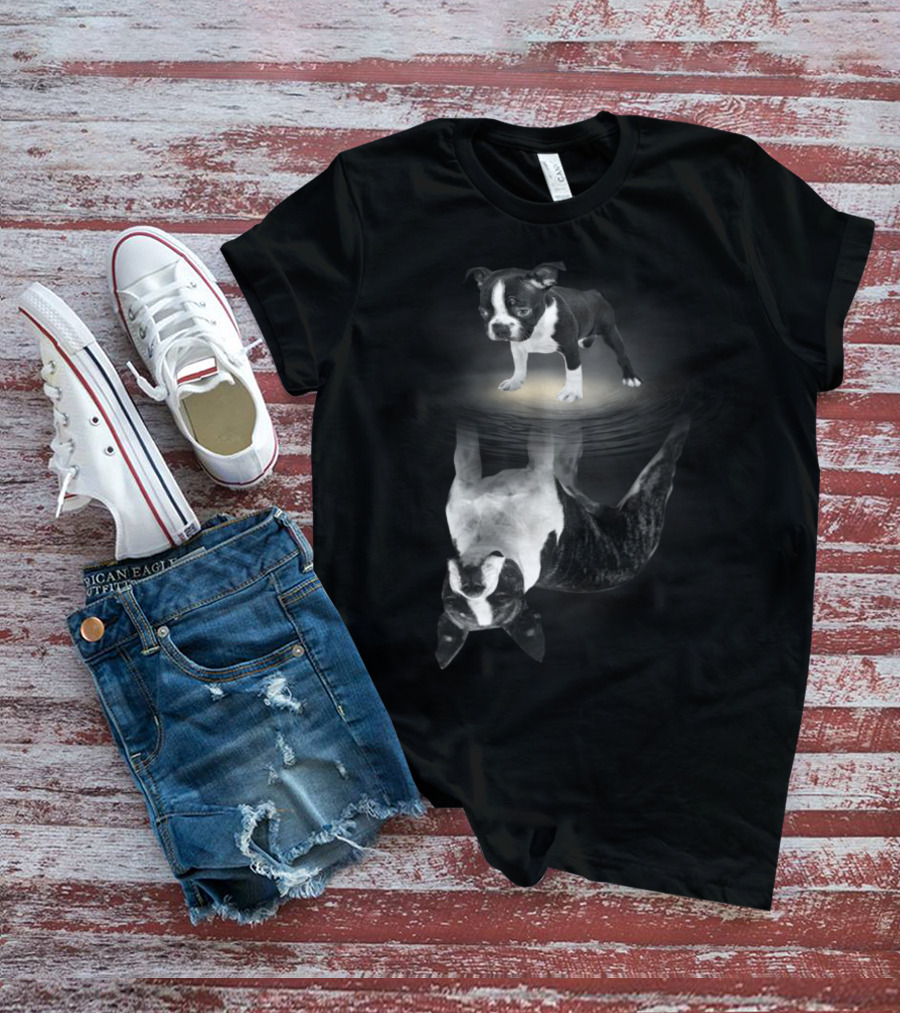 Bostie Mom Boston Terrier Reflections In Water With Puppy T-Shirt