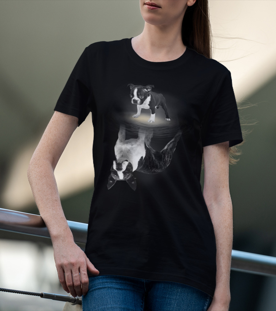 Bostie Mom Boston Terrier Reflections In Water With Puppy T-Shirt
