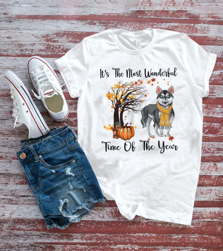 It's The Most Wonderful Time Of The Year Siberian Husky Fall Leaves Pumpkin Scarf Tree T-Shirt