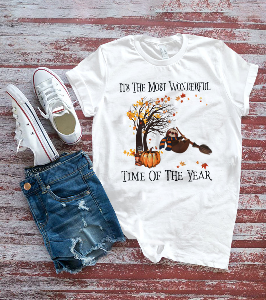 It's The Most Wonderful Time Of The Year Sloth Broom Pumpkin Autumn Leaves Tree T-Shirt