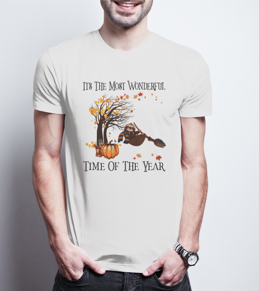 It's The Most Wonderful Time Of The Year Sloth Broom Pumpkin Autumn Leaves Tree T-Shirt
