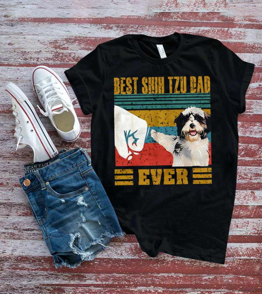 Best Shih Tzu Dad Ever Vintage Style Dog Paw Prints T-Shirt