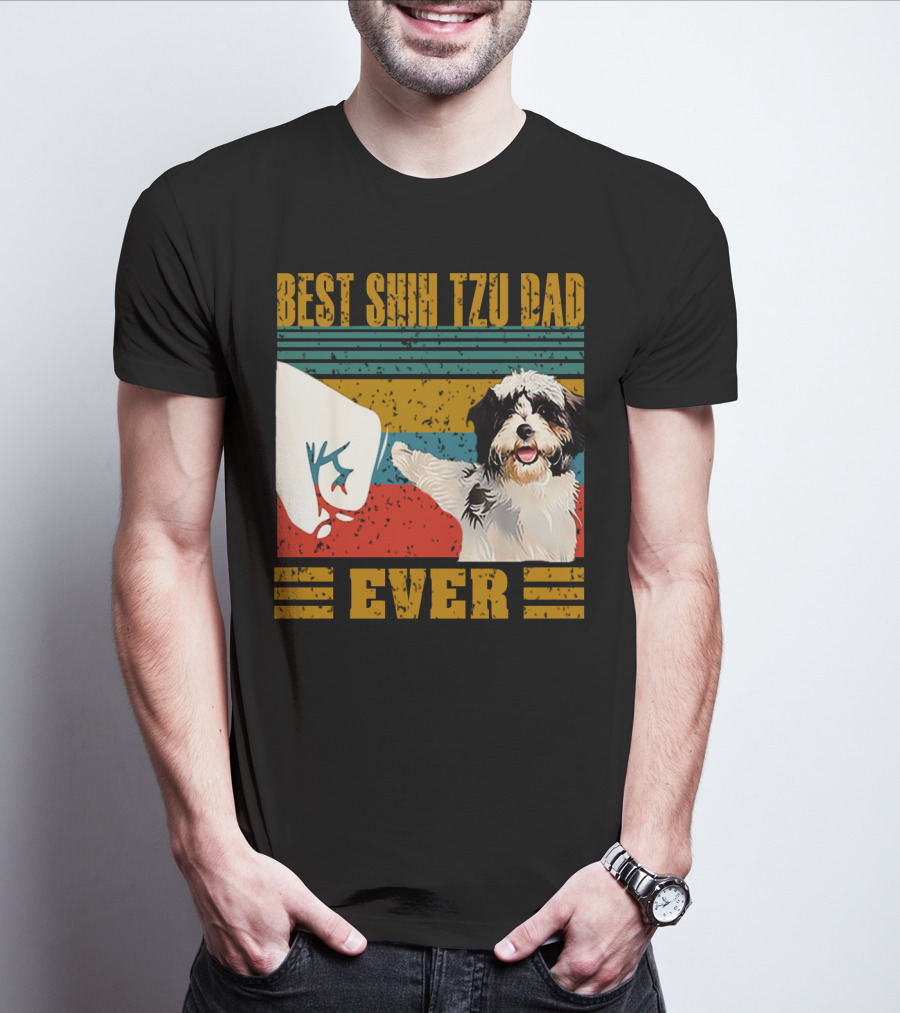 Best Shih Tzu Dad Ever Vintage Style Dog Paw Prints T-Shirt