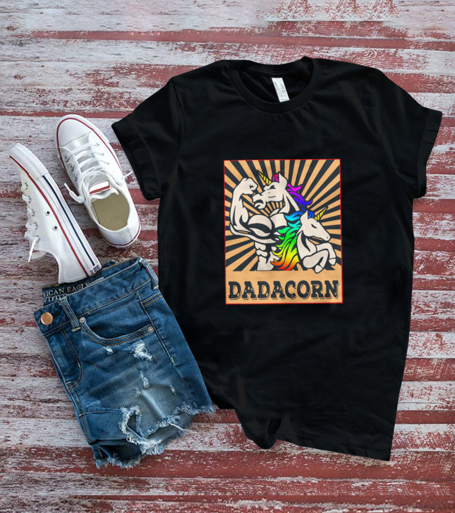 Dadacorn Muscular Rainbow Unicorn Duo With Sunburst Background T-Shirt