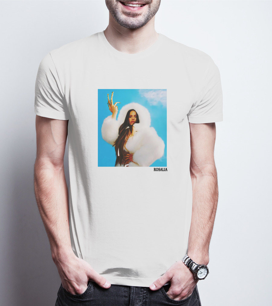 ROSALIA Dramatic Fur Coat And Gold Nails Blue Sky T-Shirt