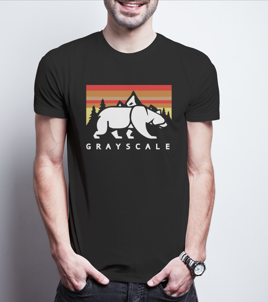 GRAYSCALE Bear And Mountains Retro Sunset T-Shirt
