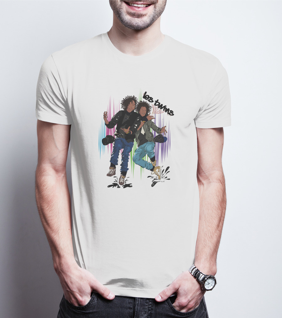 Los Twins Dancing Pose With Colorful Stripes T-Shirt